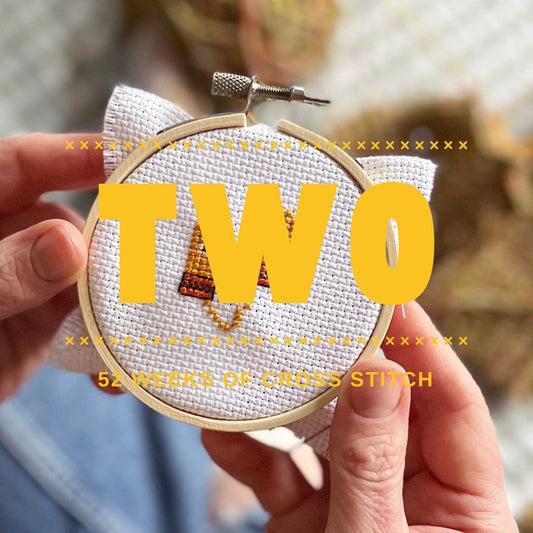 Hand holding a small embroidery hoop with 'TWO' in yellow letters, blurred background