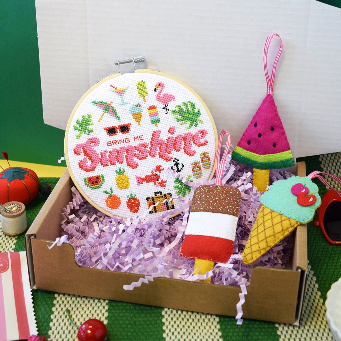 cute craft box that includes a felt lolly craft kit and 'bring me sunshine' cross stitch hoop.