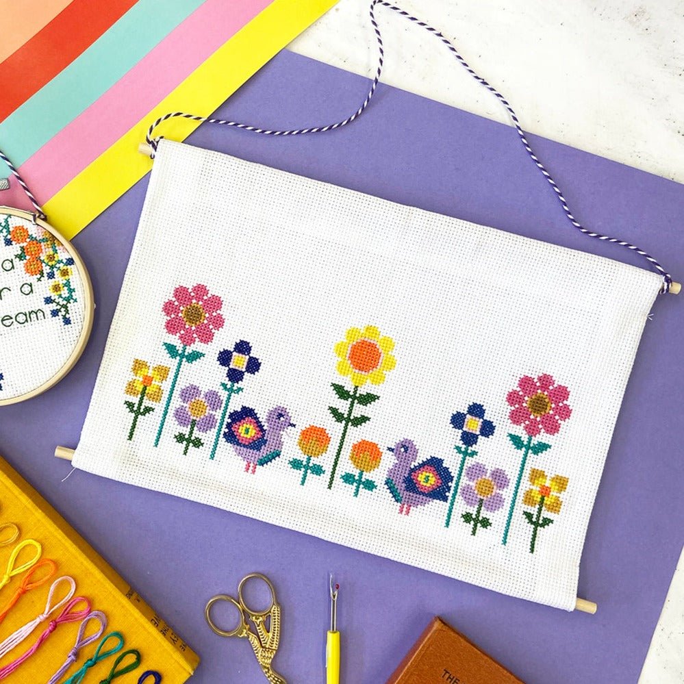Floral Cross Stitch Banner and Hoop
