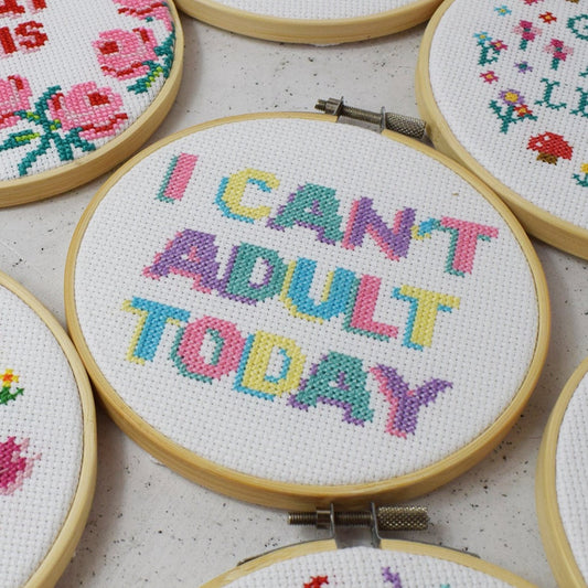 cross stitch design with I can't Adult today slogan