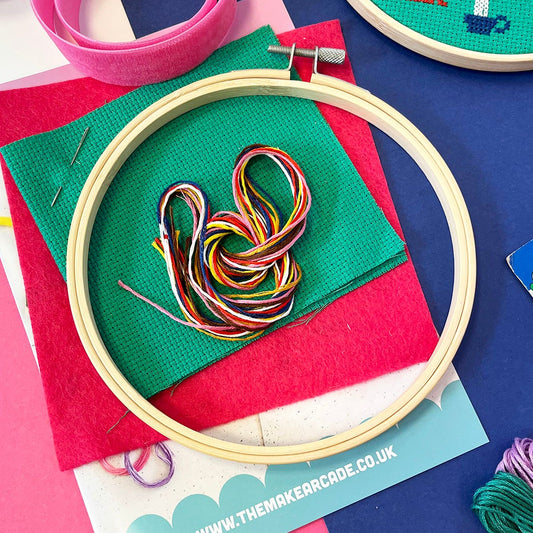 Embroidery hoop with colorful thread on a colorful background