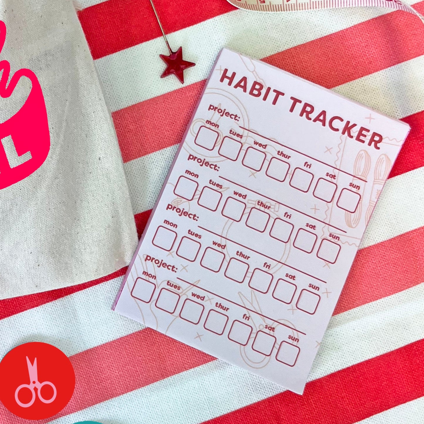 Stitch Mail bag with decorative items on a red and white striped background