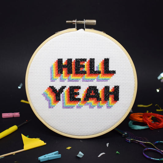 cross stitch design with hell yeah slogan