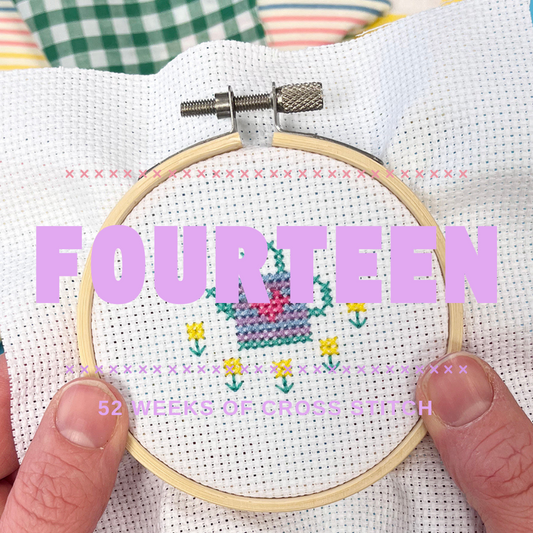 Embroidery hoop with cross-stitched watering can design and 'FOURTEEN' text on a colourful background