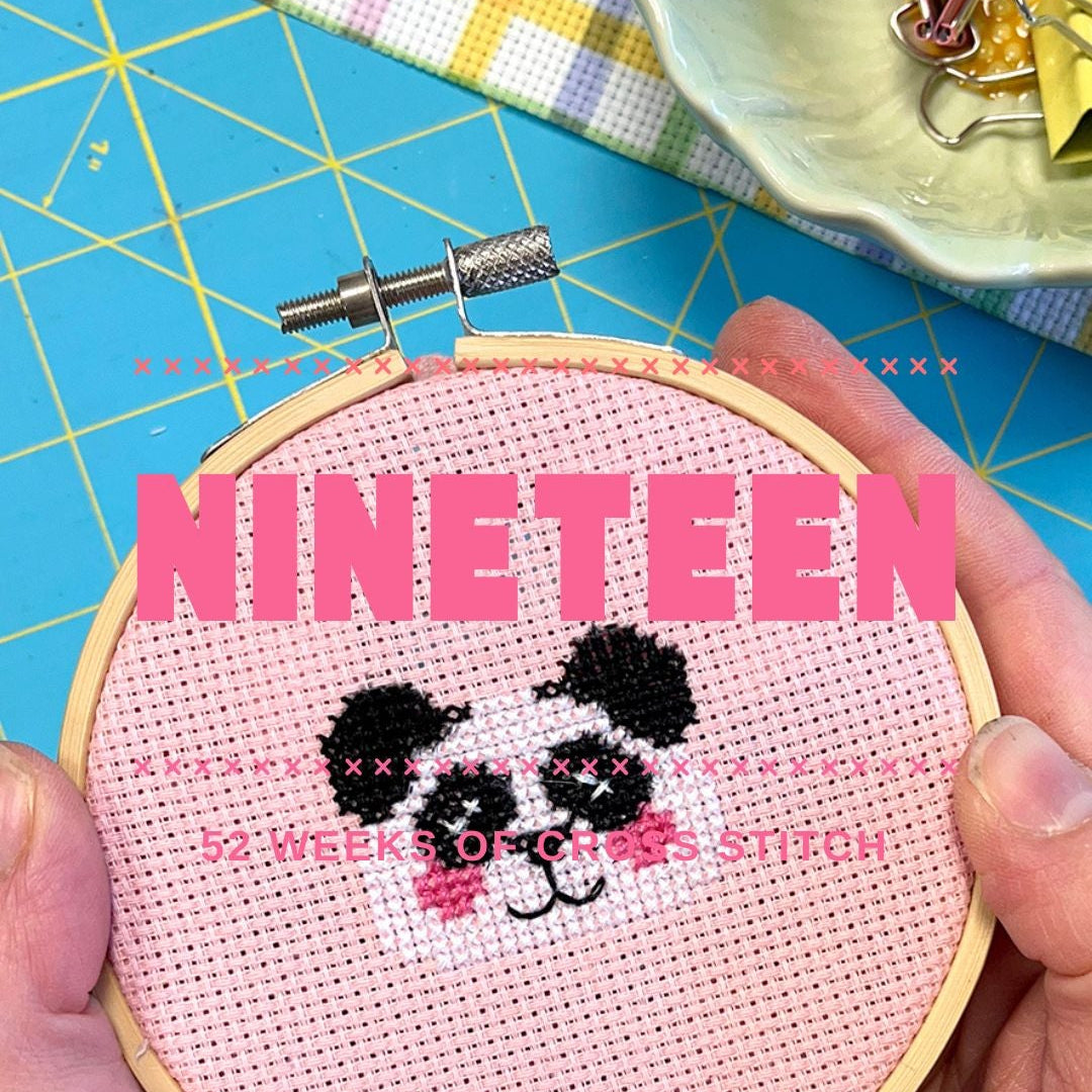 Cross-stitched panda design with 'Nineteen' text on a pink background, held in hands against a colorful background.