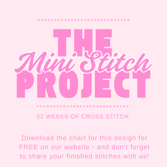 Promotional graphic for 'The Mini Stitch Project' with pink text on a white background.