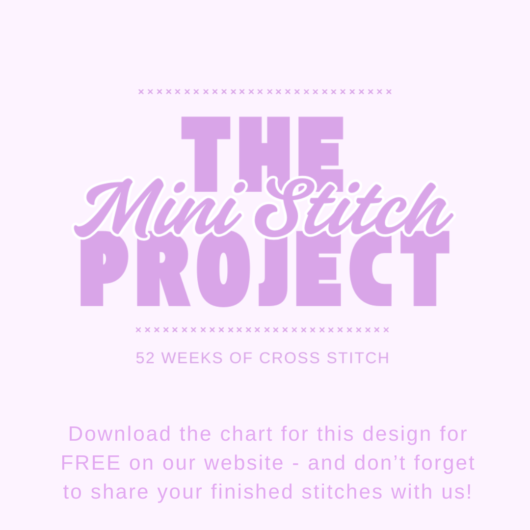 Promotional graphic for 'The Mini Stitch Project' with text and website information on a light purple background.