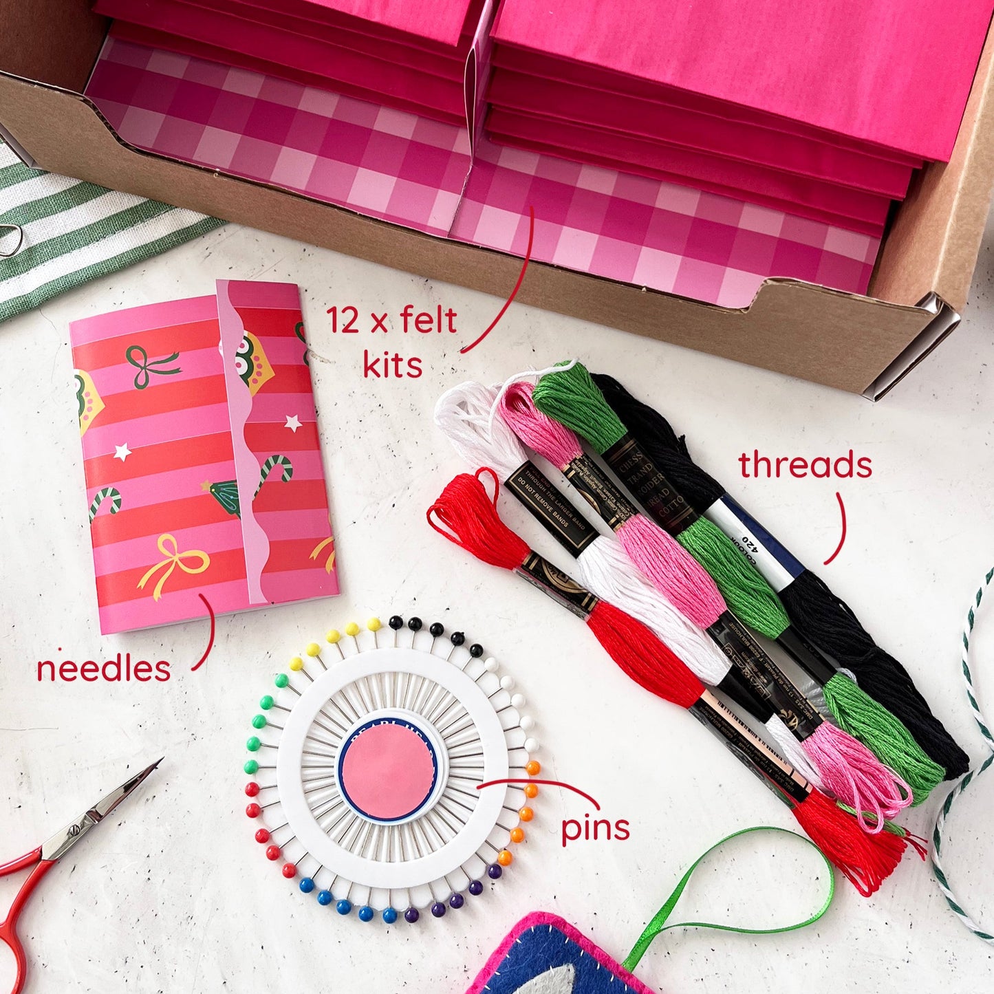 Craft kit with felt kits, threads, needles, and pins on a white surface.