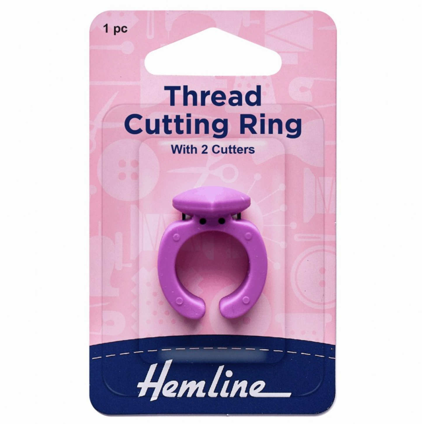 A purple thread cutting ring with two cutters, mounted on a pink and navy blue retail card labeled 'Thread Cutting Ring With 2 Cutters' and branded 'Hemline'.