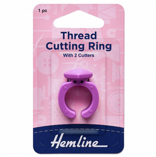 A purple thread cutting ring with two cutters, mounted on a pink and navy blue retail card labeled 'Thread Cutting Ring With 2 Cutters' and branded 'Hemline'.