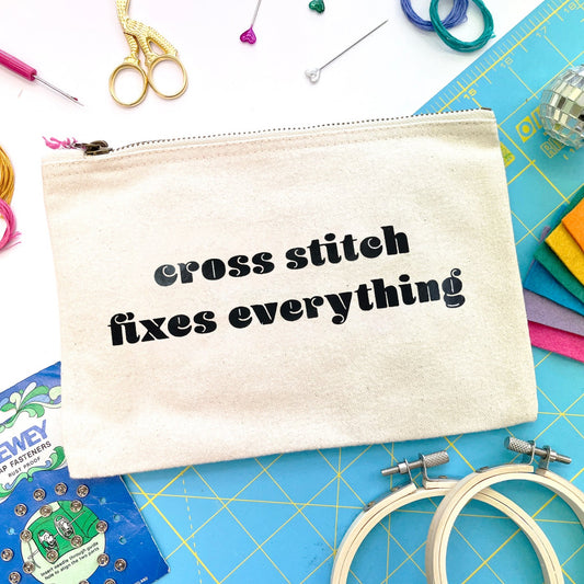 'Cross Stitch fixes everything' Craft Project Bag (nat/black)
