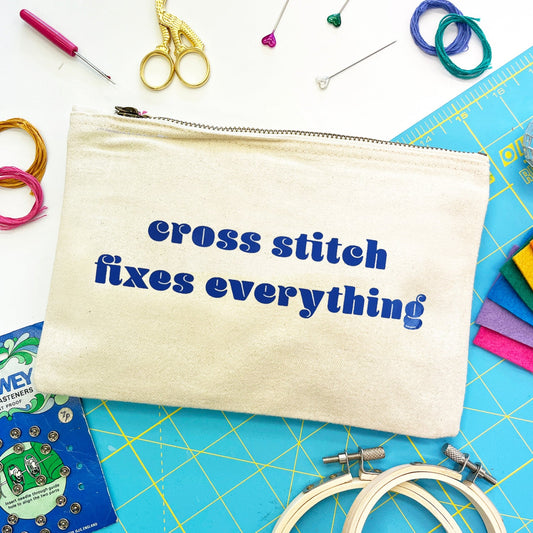 'Cross Stitch fixes everything' Craft Project Bag (nat/blue)