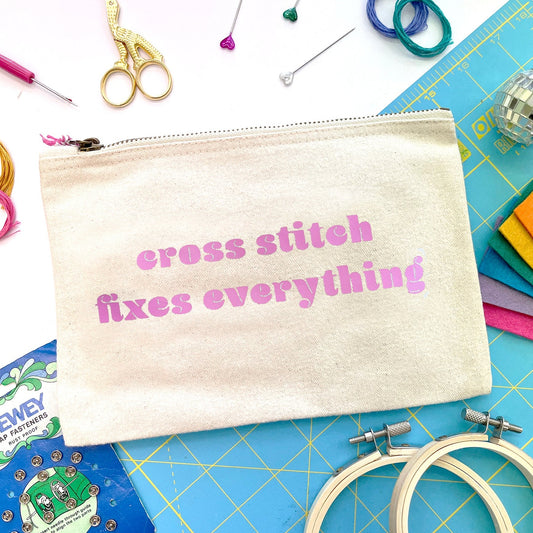 'Cross Stitch fixes everything' Craft Project Bag (nat/pink)