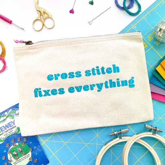 'Cross Stitch fixes everything' Craft Project Bag (nat/teal)