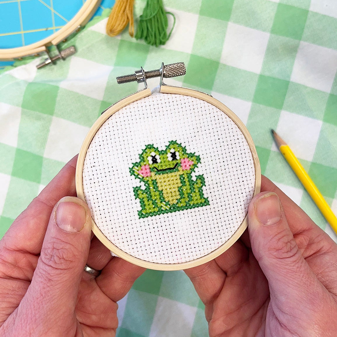 Cross-stitched frog design held in a hand with a green checkered fabric background
