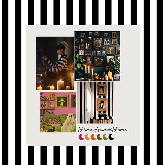 Collage of Halloween-themed images with black and white striped border and 'Home Haunted Home' text.