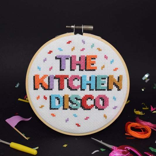 cross stitch design with The Kitchen Disco slogan